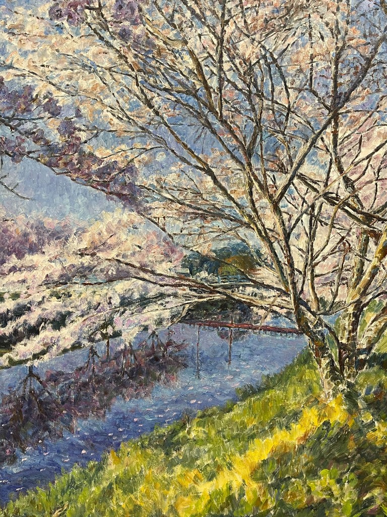 大宇陀川沿いに咲く桜を描いた油絵。奈良県宇陀市大宇陀の春の風景。